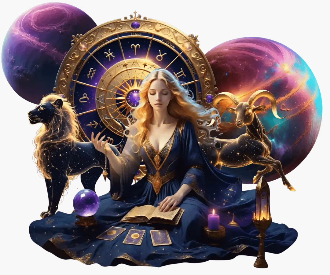Fortune teller before a zodiac wheel, holding a pendulum and tarot cards, with planets in the background.